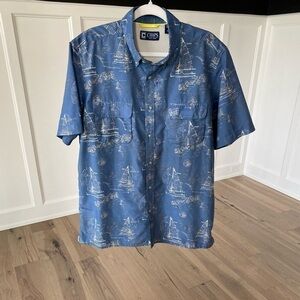 Chaps Mens Blue Nautical Sailboat Print Short Sleeve Button Down Fishing Shirt L